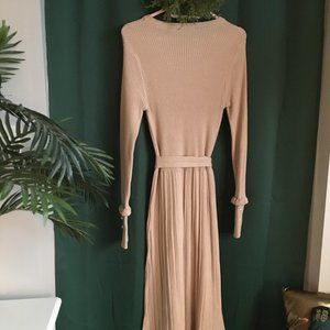 Tan Knit Dress with Pearl Sleeves